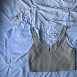 NWT Zara Crop Top Bundle- Knit Beige Crop + Ribbed White Cross front top